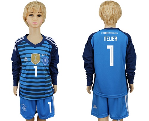 Germany #1 Neuer Blue Long Sleeves Kid Soccer Country Jersey - Click Image to Close